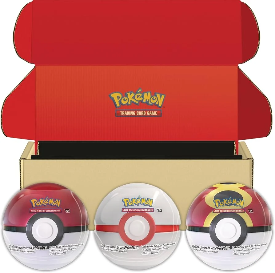 Pokémon: Lote de latas Poké Ball de JCC Pokémon: Poké, Honor y Acopio (9 Sobres de Mejora de JCC Pokémon y 6 Hojas con Pegatinas)